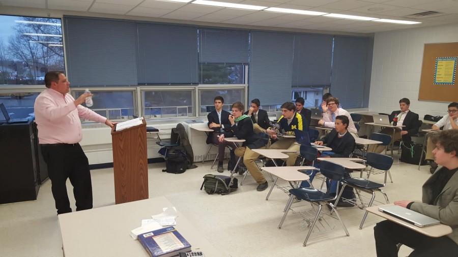 Mr. Martin prepares the Mock Trial boys for Counties (picture taken January 8).