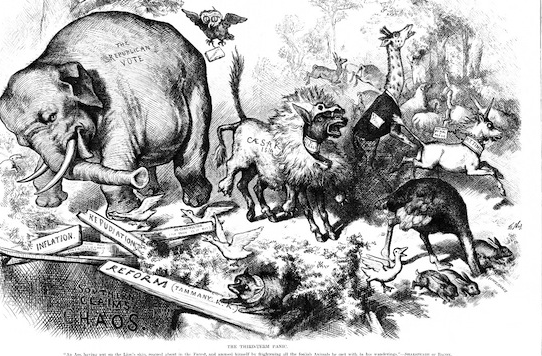 A political cartoon by Thomas Nast credited as the first association of the donkey and the elephant with the Democratic and Republican parties, respectively.
