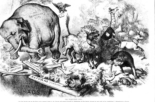 A political cartoon by Thomas Nast credited as the first association of the donkey and the elephant with the Democratic and Republican parties, respectively. 