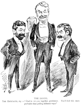 Richard DOyly Carte, W. S. Gilbert, and Arthur Sullivan together for Utopia Limited.