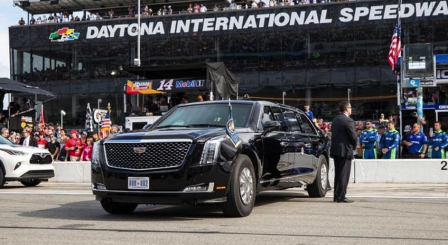 “The Beast” parked on pit row before the start of the 2020 Daytona 500.

Image Courtesy of: https://www.detroitnews.com/story/news/politics/2020/03/04/presidential-candidates-car-choices-make-statement/4863616002